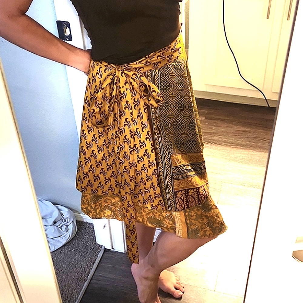 Bohemian festival reversible wrap silk skirt multi color